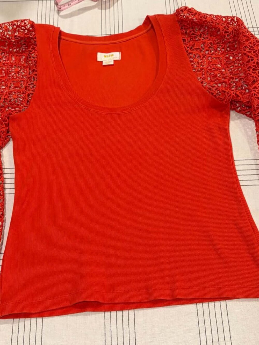 Maeve by Anthropologie Red Crochet Lace Balloon Sleeve Ribbed Top M - Picture 2 of 10